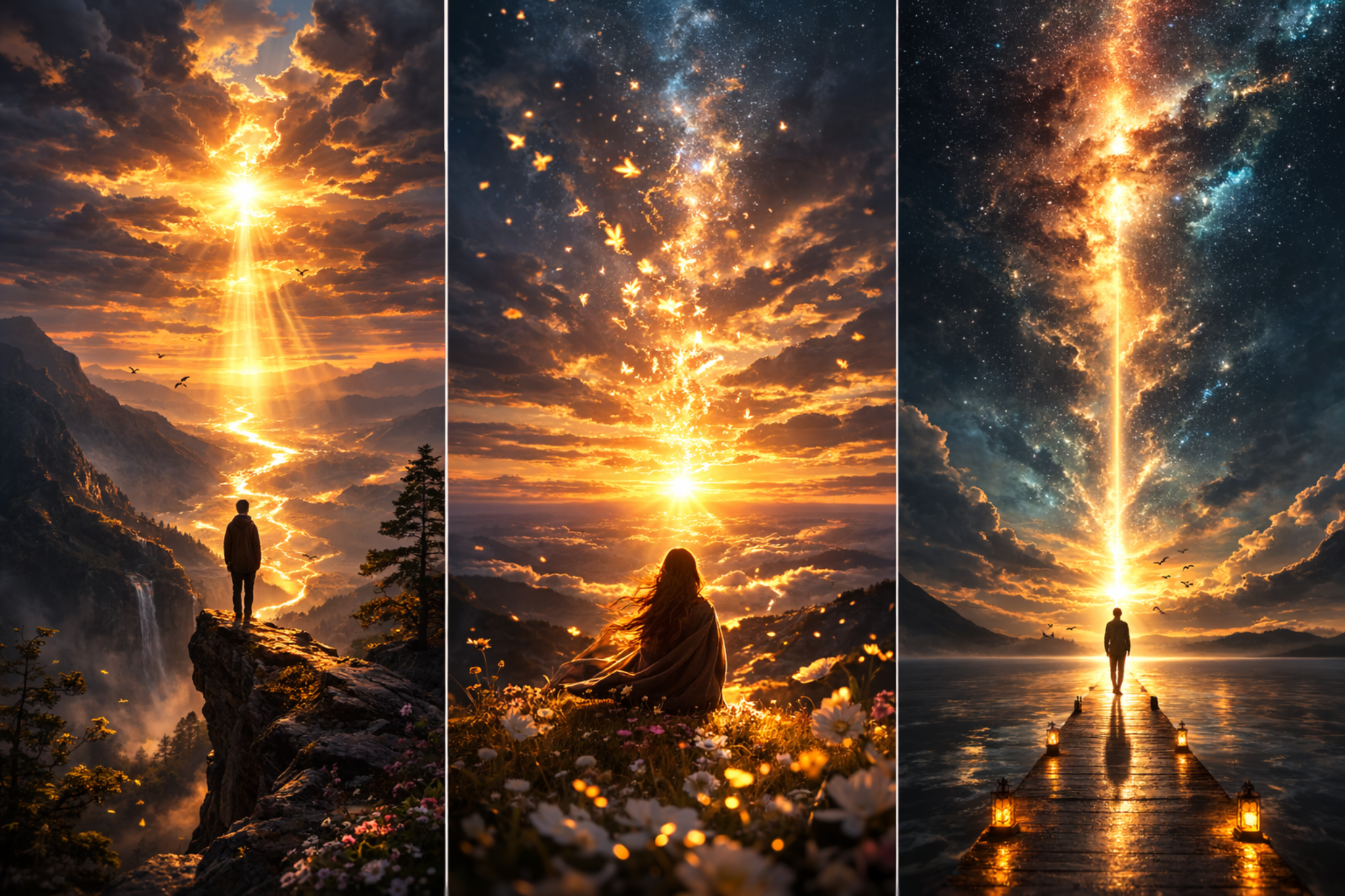 A person sitting in a field of flowers watching golden light rise into the sky, symbolizing the search for God’s love.