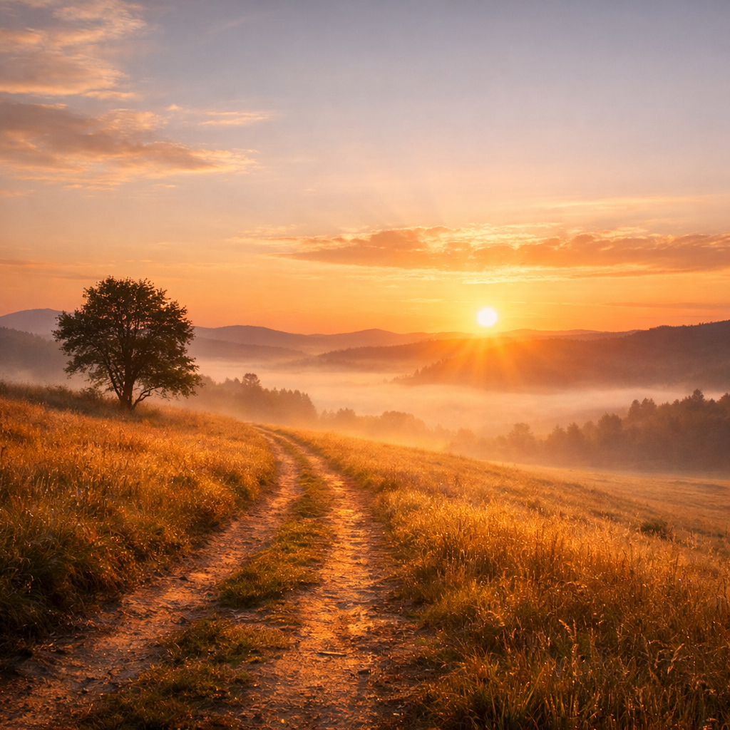 Sunrise over a winding path through golden hills, symbolizing the beginning of a spiritual journey through Scripture.